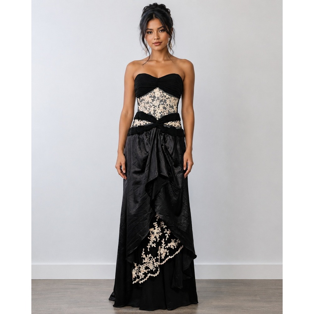 VTG Riva Designs Gown 8 Black Floral Lace Sequin Strapless Y2K Prom Dress Formal